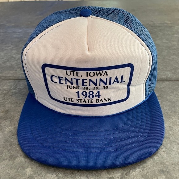 Vintage Ute Iowa 1984 Centennial State Bank Snapback Trucker Hat Blue White 80s - Picture 1 of 10